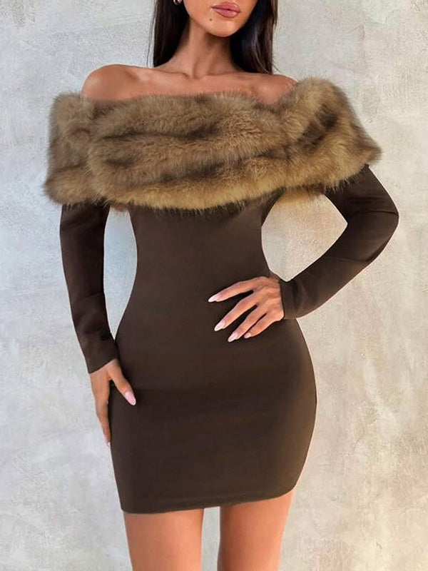 Faux-Fur Combo Off-Shoulder Bodycon Dress