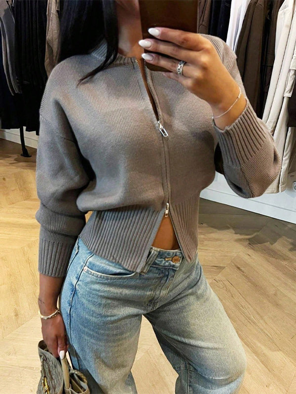 Zip Ribbed Knit Sweater Top