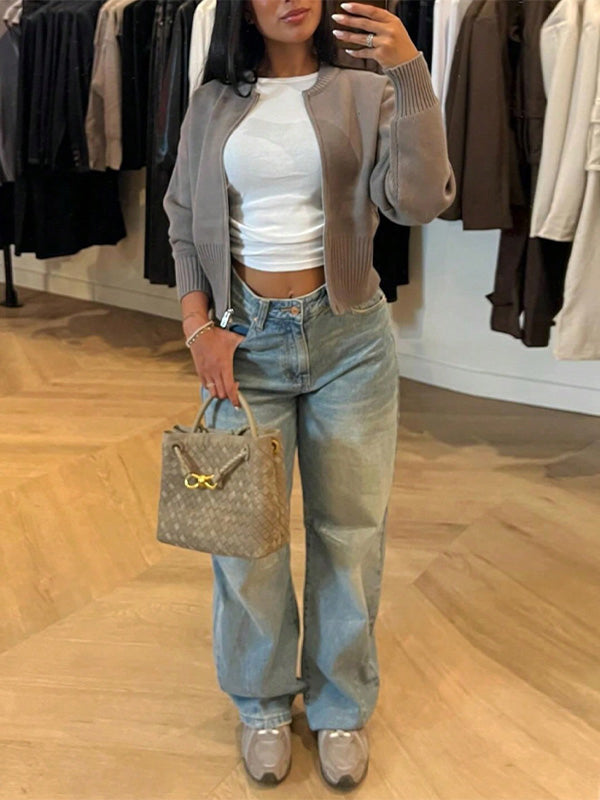 Zip Ribbed Knit Sweater Top
