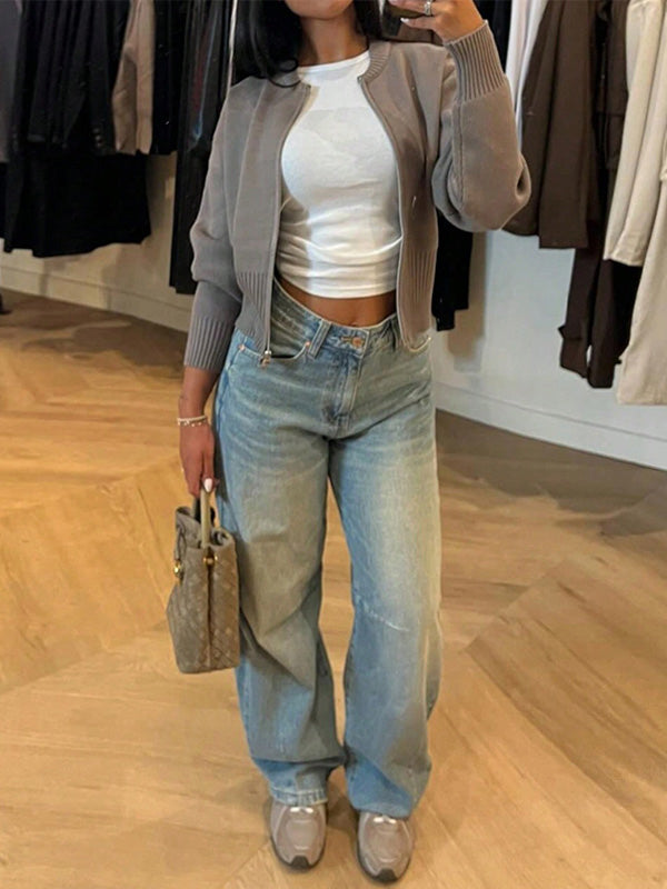 Zip Ribbed Knit Sweater Top