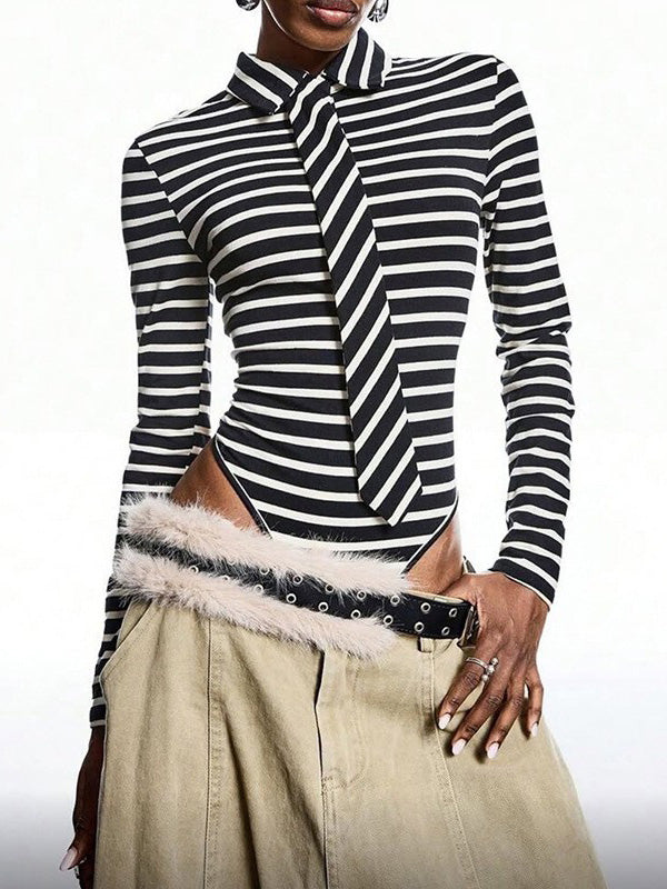Striped Tie-Neck Bodysuit