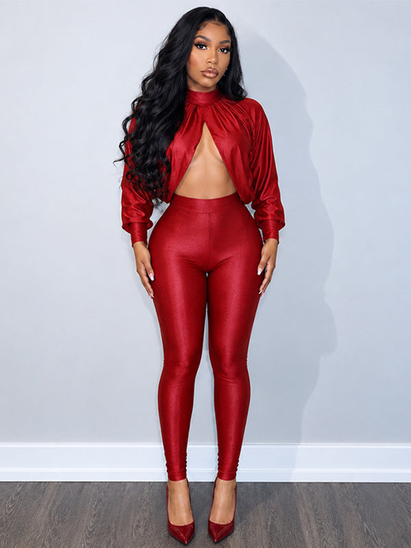 Mock-Neck Crop Top & Skinny Pants Set