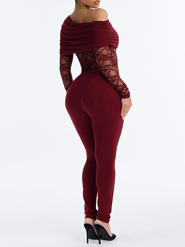 Lace-Combo Boat-Neck Jumpsuit