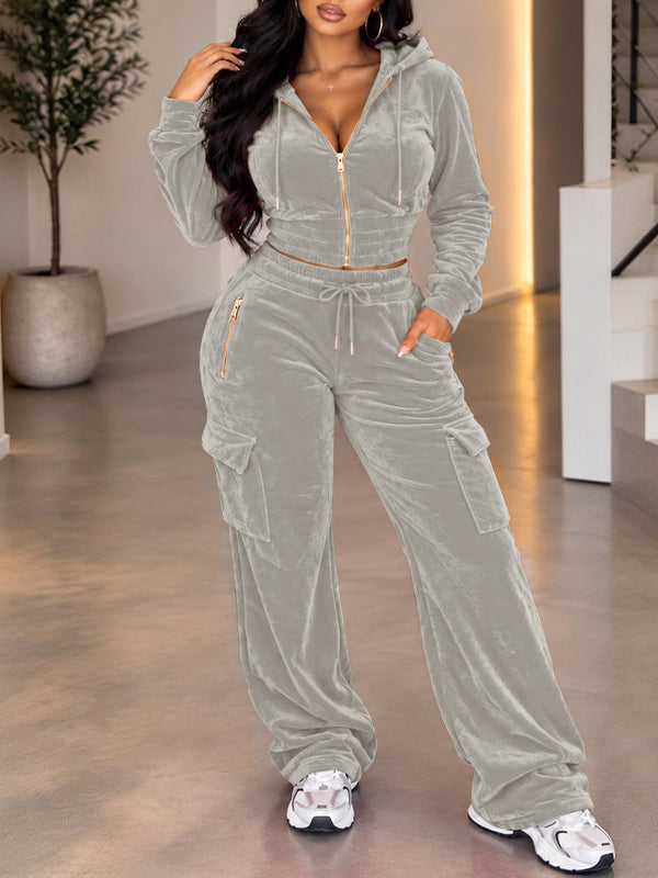 Velvet Zip-Front Hoodie & Pants Set