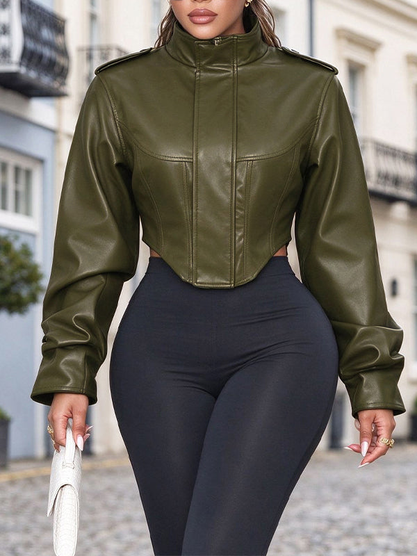 Faux-Leather Stand-Collar Jacket