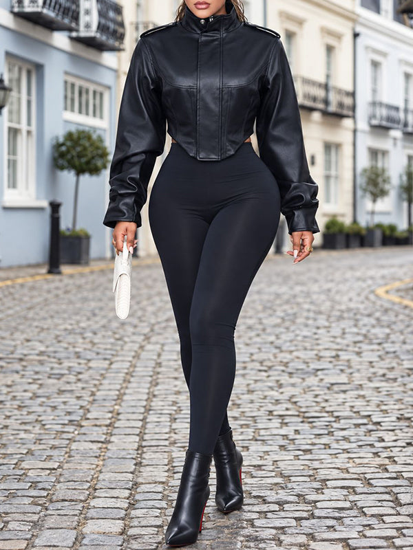 Faux-Leather Stand-Collar Jacket