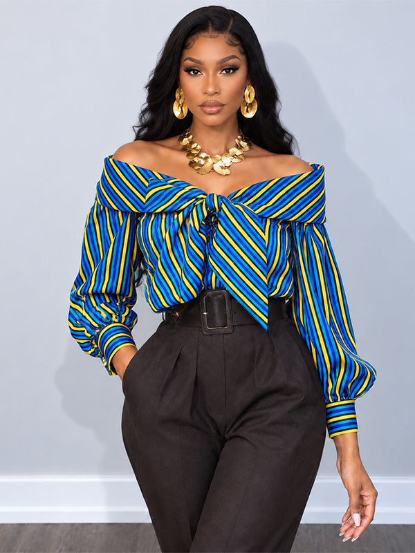 Stripe Bowknot Off-Shoulder Shirt