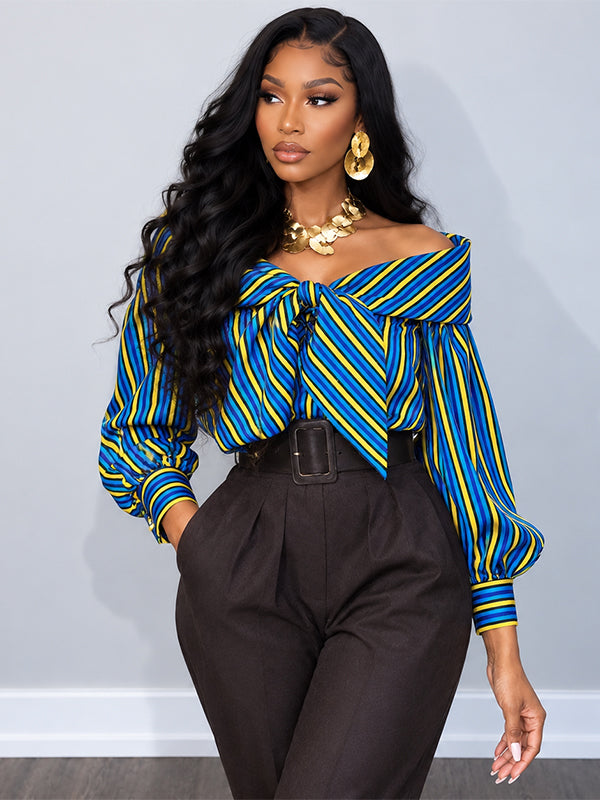 Stripe Bowknot Off-Shoulder Shirt