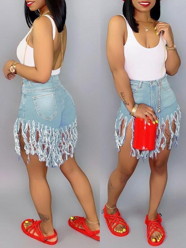 Fringe Denim Shorts--Clearance