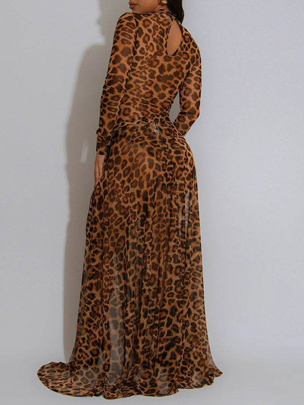 Leopard Bodysuit & Slit Skirt Set