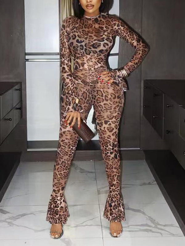 Leopard Bell-Sleeve Flared Jumpsuit