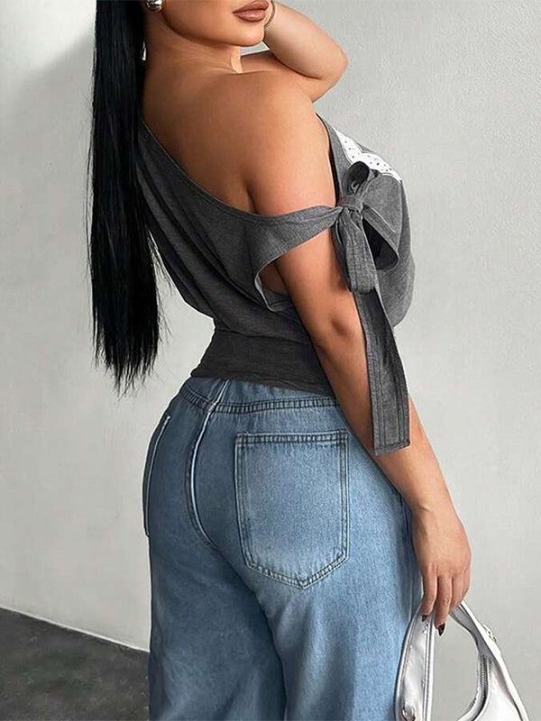 Printed Boat-Neck Tied Tee