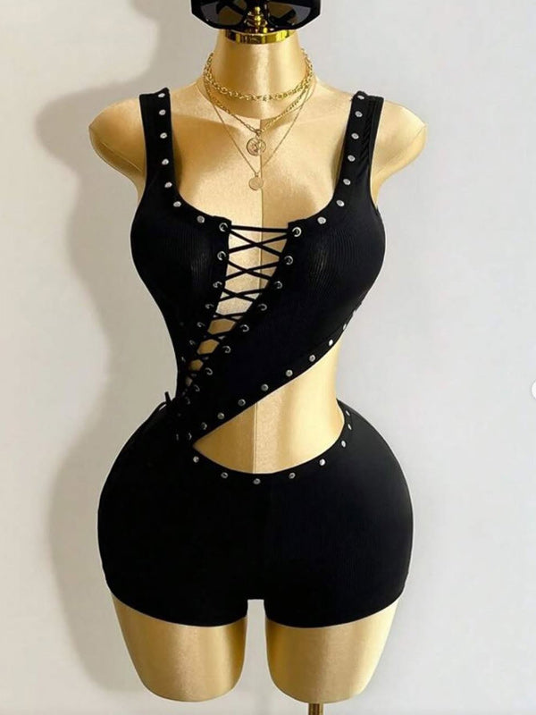 Lace-Up Sleeveless Romper