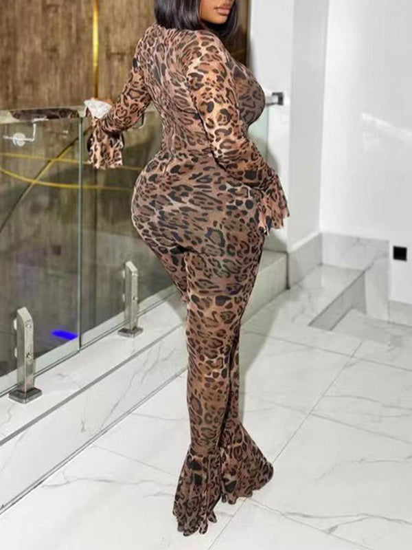 Leopard Bell-Sleeve Flared Jumpsuit