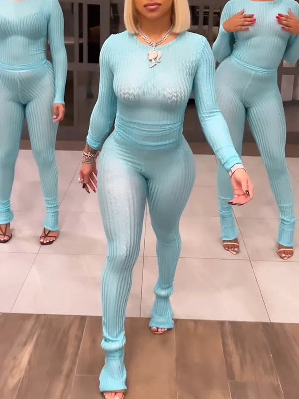Solid Ribbed Mesh Pants Set
