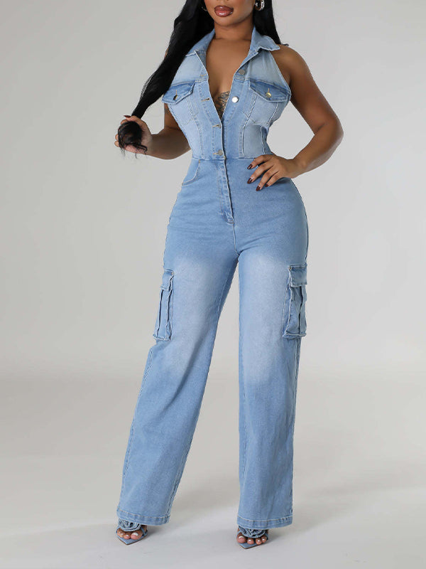 Motionkiller Halter Button-Front Denim Jumpsuit