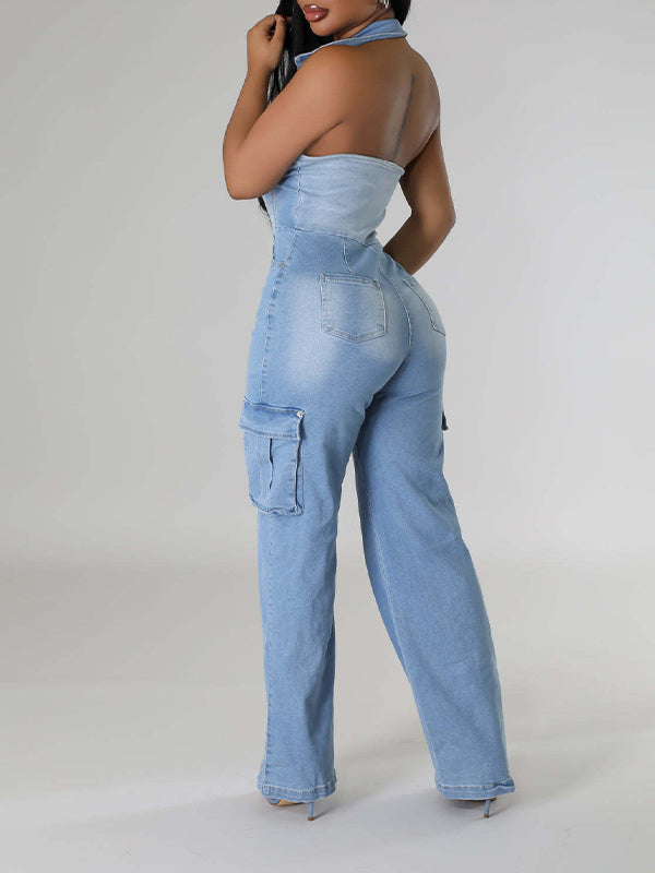 Motionkiller Halter Button-Front Denim Jumpsuit