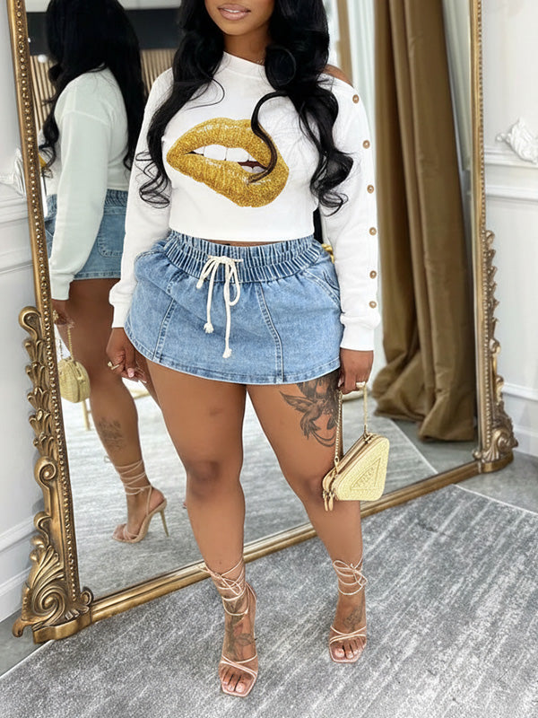 Lip One-Shoulder Button-Sleeve Sweatshirt