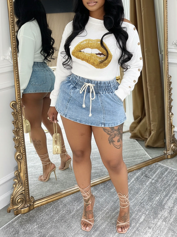 Lip One-Shoulder Button-Sleeve Sweatshirt