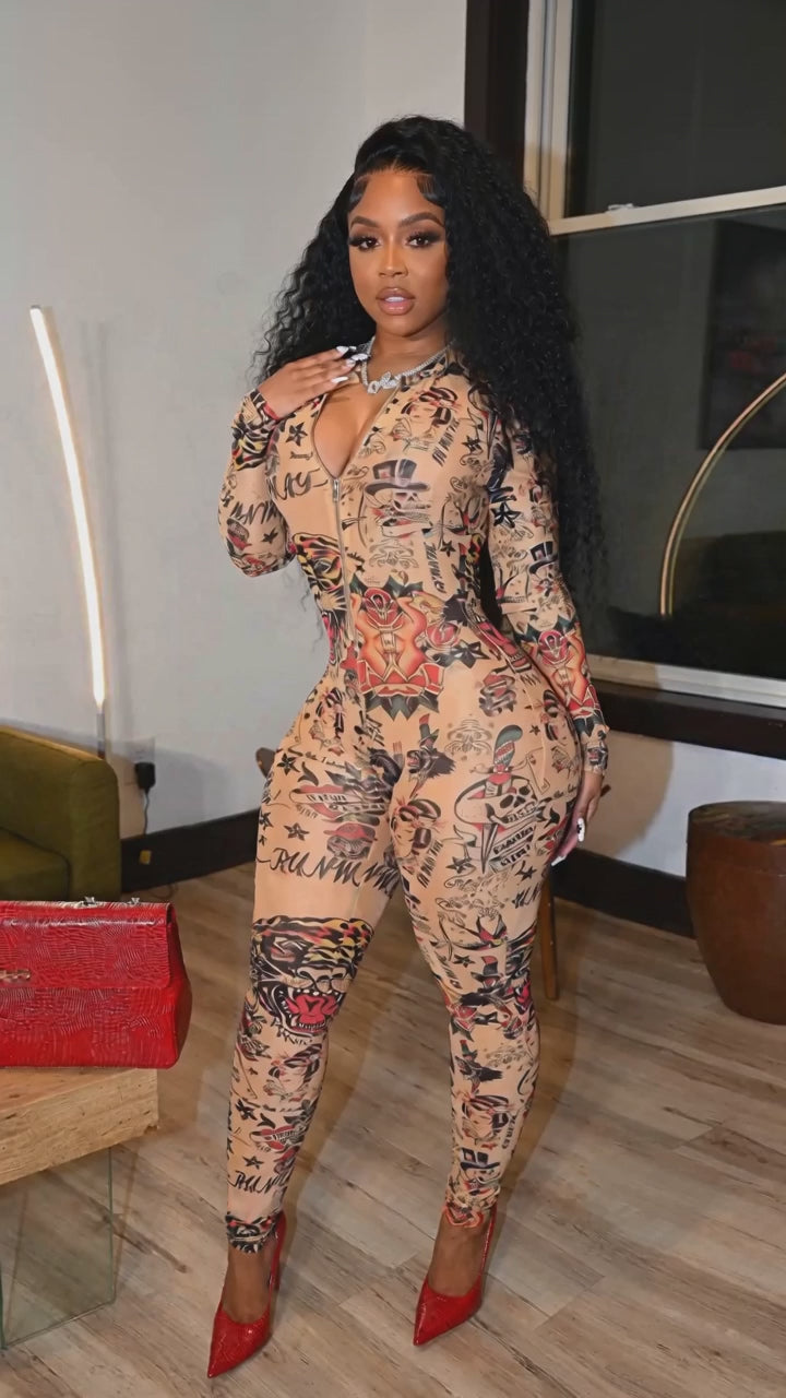 Motionkiller Printed Zip-Front Skinny Jumpsuit