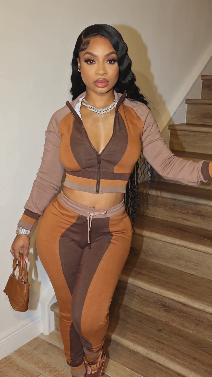 Colorblock Top & Drawstring Pants Set