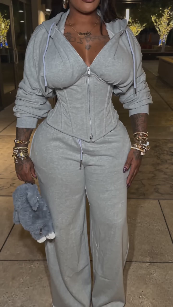Solid Lace-Up Hoodie & Pants Set