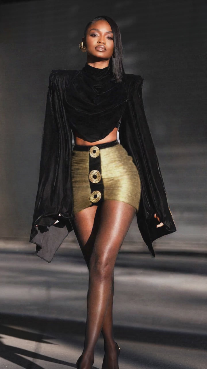 Bell-Sleeve Top & Metallic Skirt Set