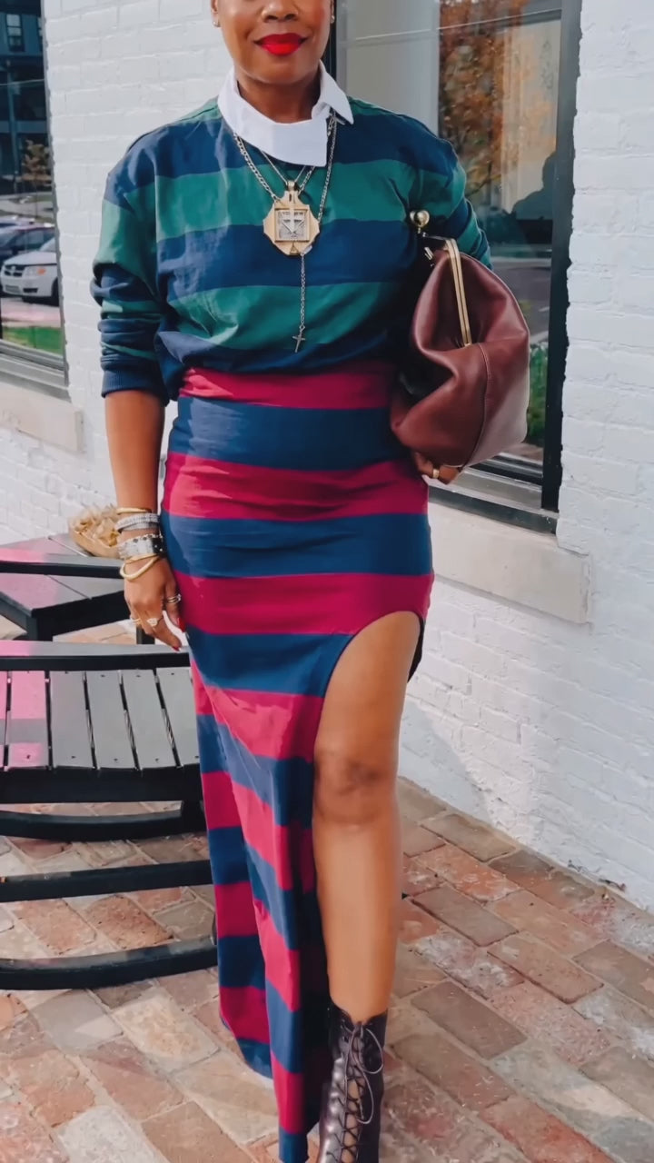 Stripe Polo Top & Slit Skirt Set