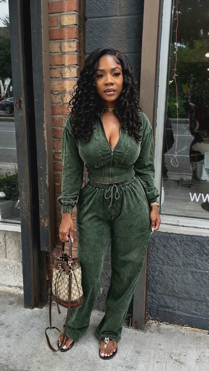 Solid Cropped Top & Drawstring Pants Set