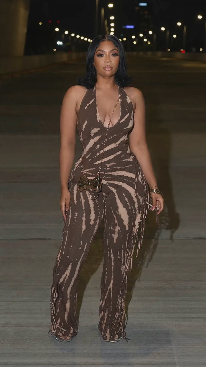 Printed Fringe Halter Jumpsuit