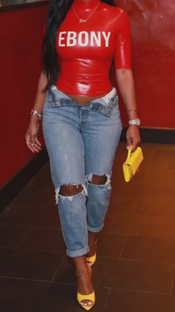 Letter-Print Faux-Leather Top