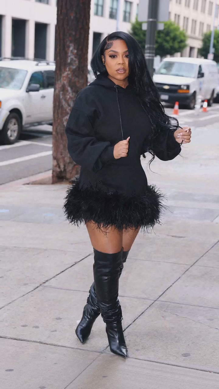 Feather Combo Hooded Dress