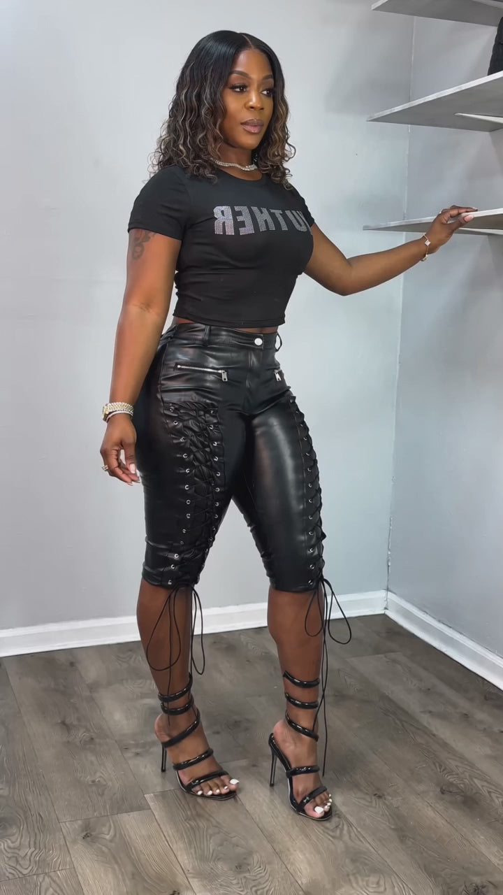 Lace-Up Faux-Leather Capri Pants