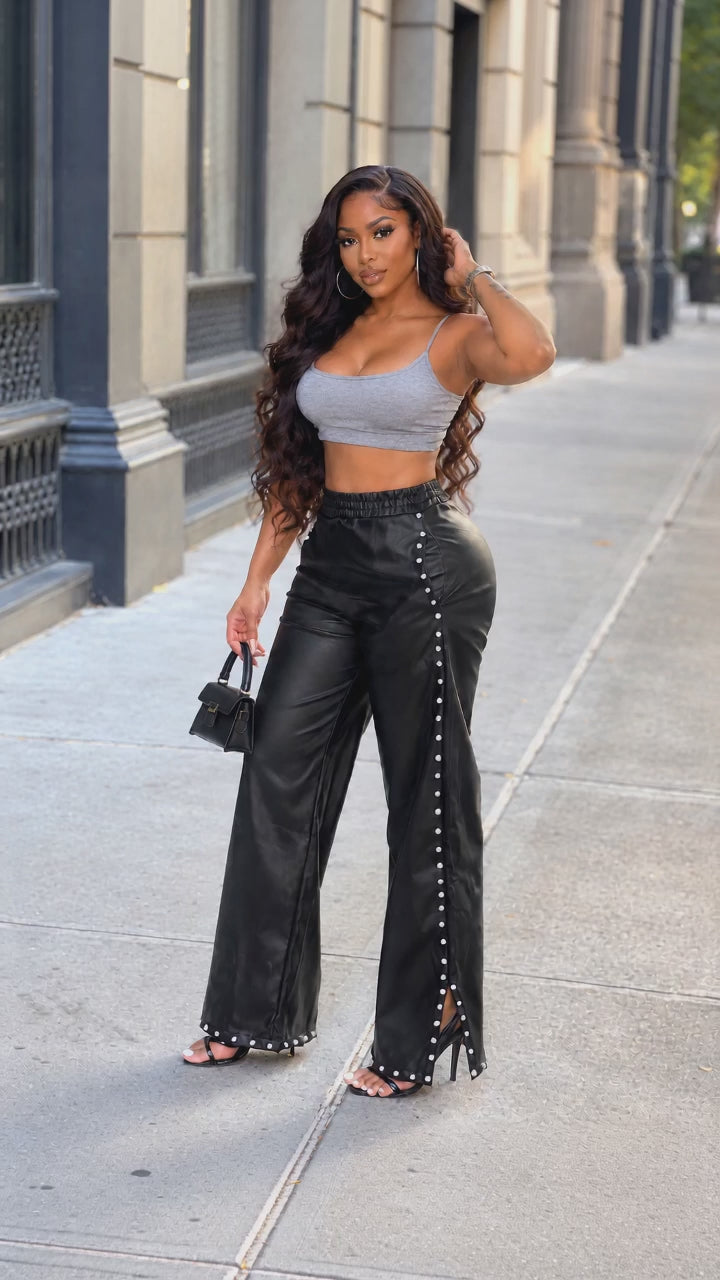 Studded Slit Faux-Leather Pants