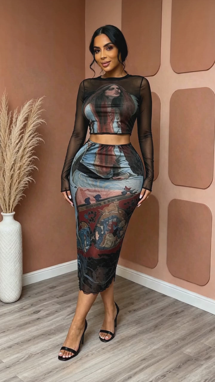 Printed Sheer Top & Skirt Set