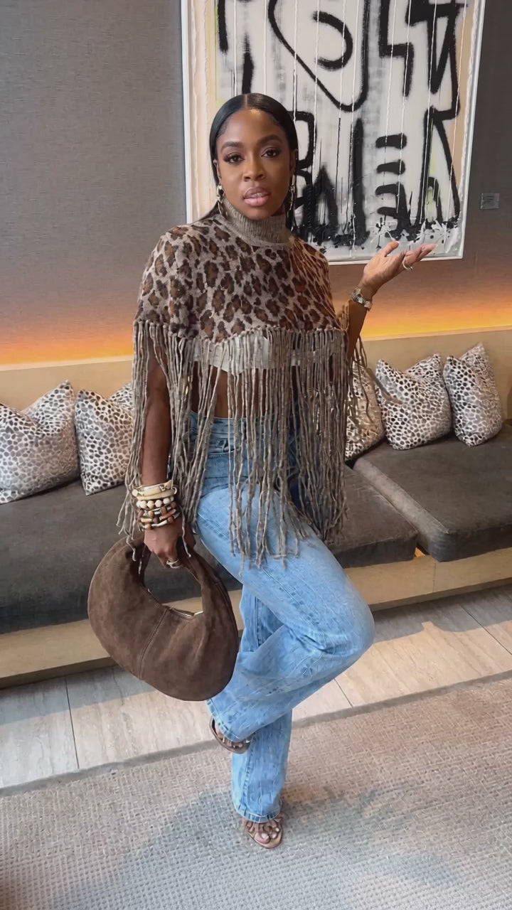 Fringe Combo Leopard Poncho