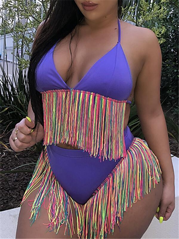 Multicolor Fringe Halter Bikini