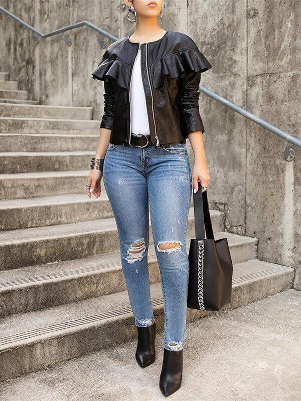 Frilled Faux-Leather Jacket