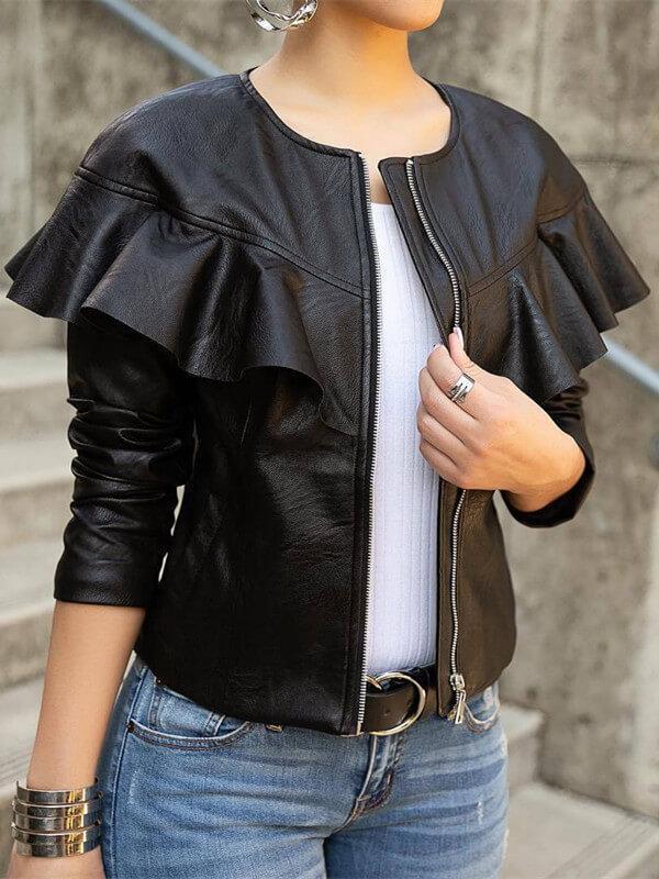 Frilled Faux-Leather Jacket