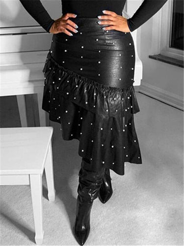 Motionkiller Pearl-Studded Faux-Leather Ruffle Skirt