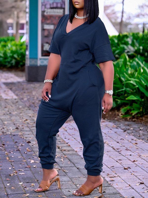 Motionkiller Plus Size Solid V-Neck Jumpsuit