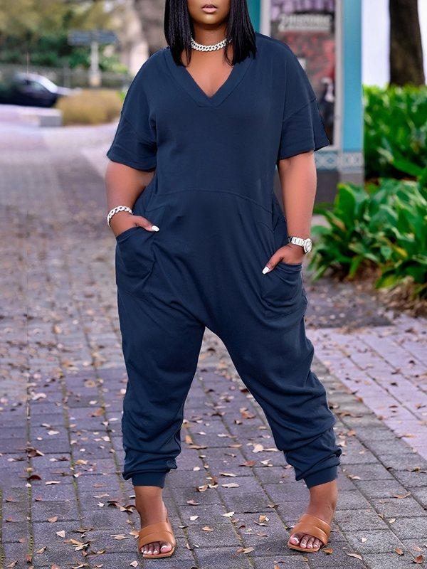 Motionkiller Plus Size Solid V-Neck Jumpsuit