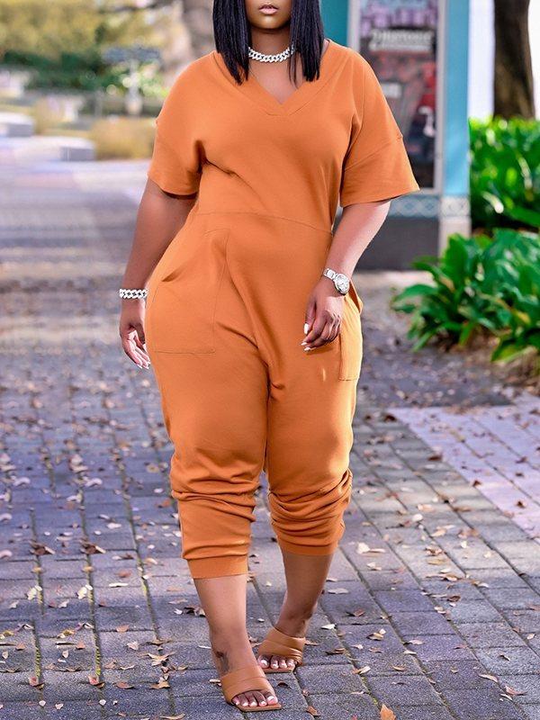 Motionkiller Plus Size Solid V-Neck Jumpsuit