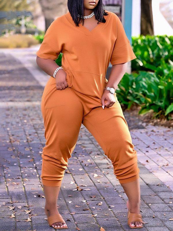 Motionkiller Plus Size Solid V-Neck Jumpsuit