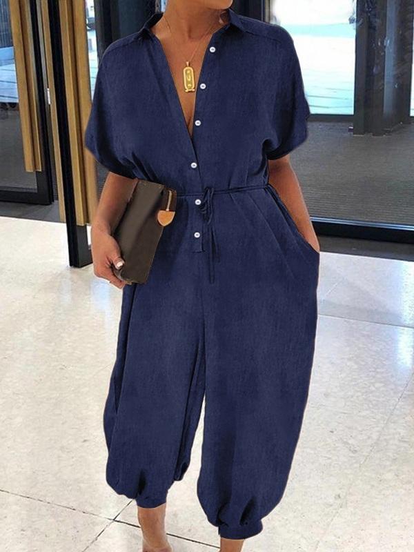 Motionkiller Button-Front Belted Denim Jumpsuit