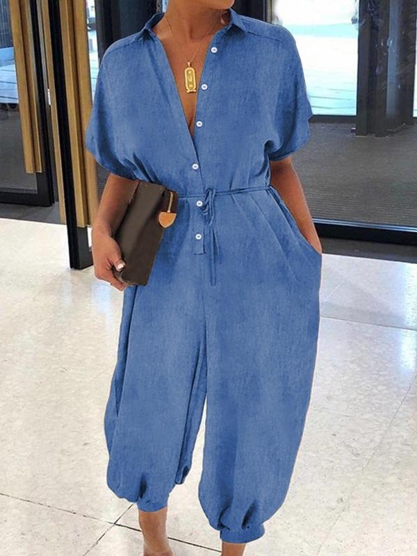 Motionkiller Button-Front Belted Denim Jumpsuit