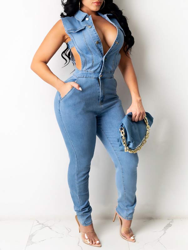 Motionkiller Button-Front Sleeveless Denim Jumpsuit