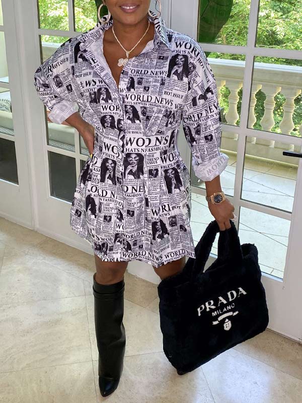 Printed Gathered-Waist Shirt Dress--Clearance