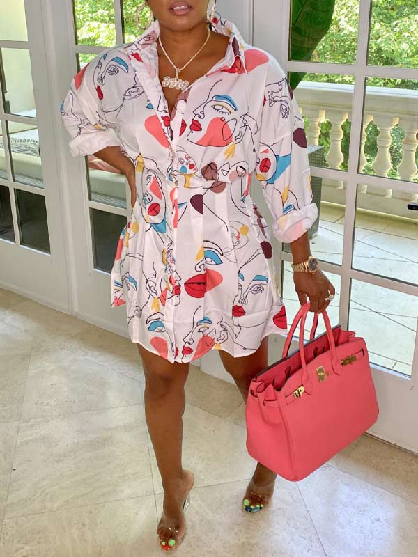 Printed Gathered-Waist Shirt Dress--Clearance