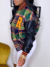 Load image into Gallery viewer, Faux-Leather Combo Plaid Bomber Jacket